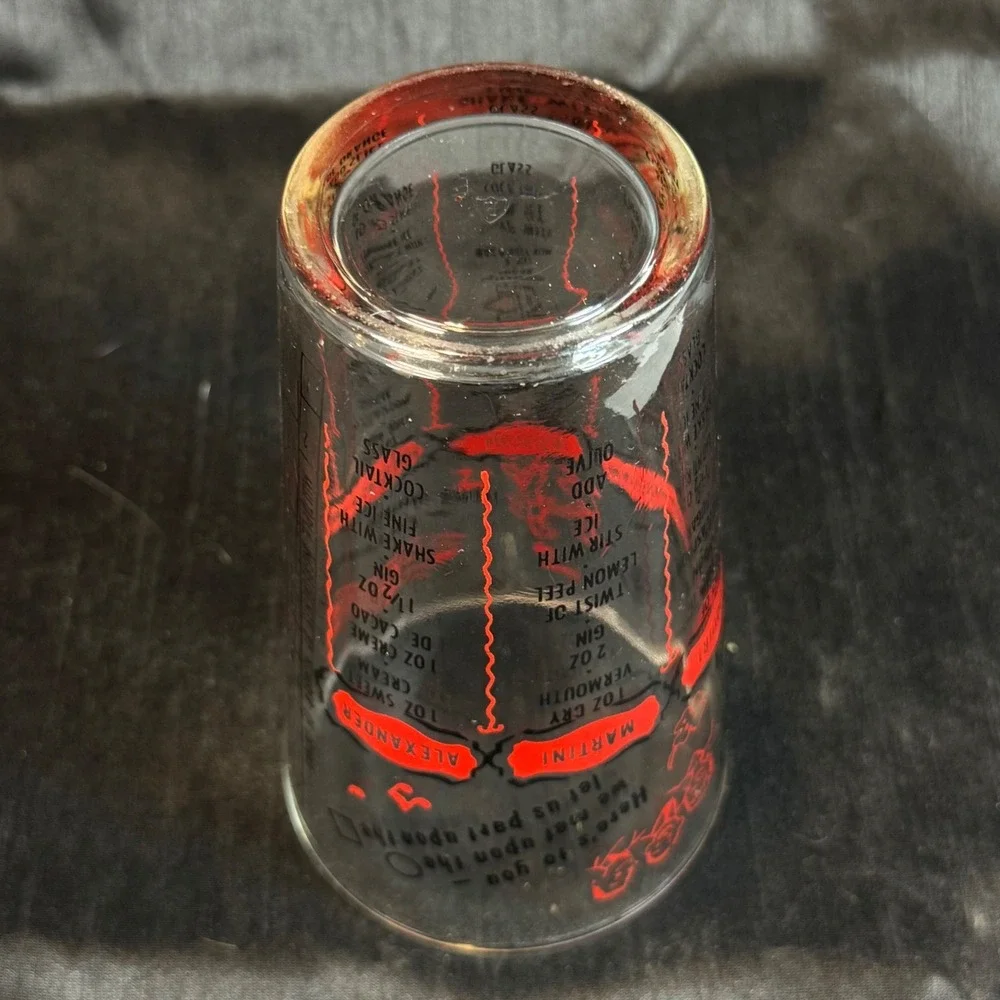 Vintage Federal Glass Cocktail Recipe Mixing Glass Red Black Mid Century 12oz